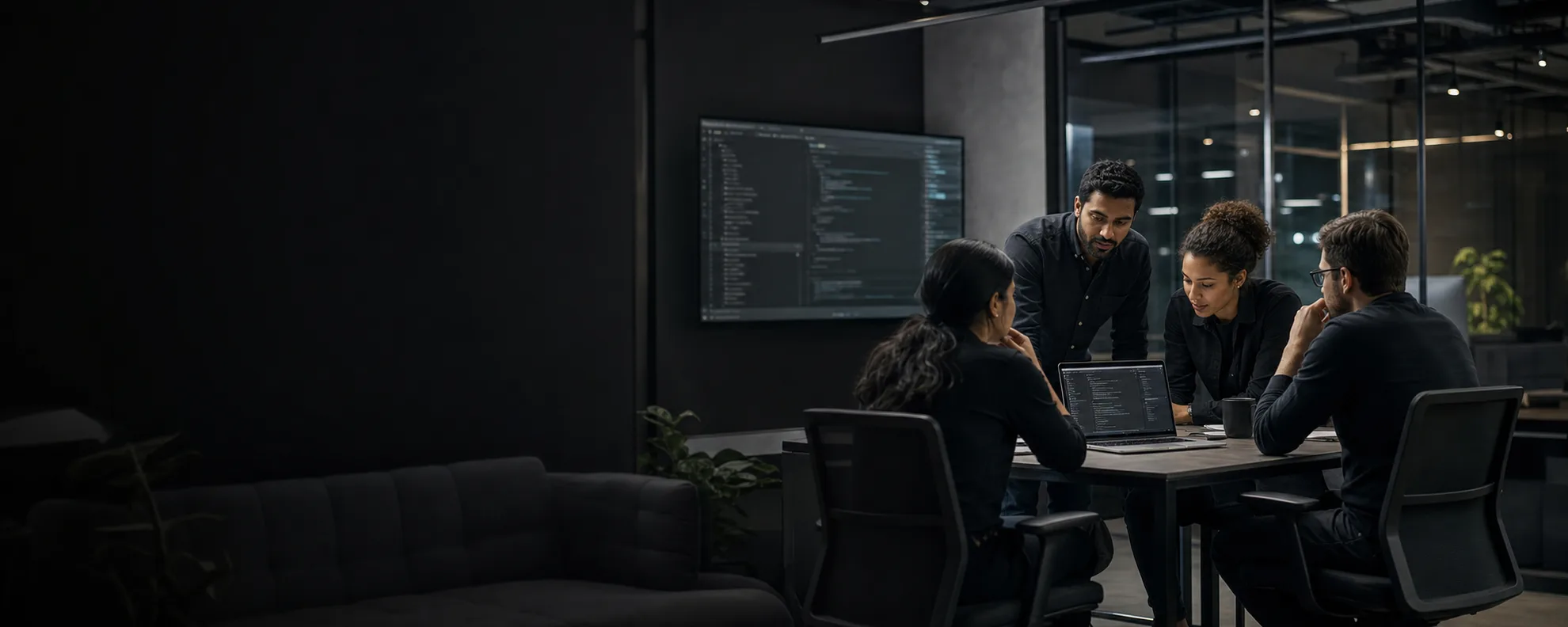 Software engineering team collaborating in a modern workspace